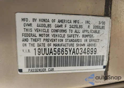 2000 Acura Tl 3.2 z USA, uszkodzony, nr VIN 19UUA5665YA034899